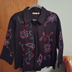 Choices Vintage Teal And Pink Embroidered Black Jacket with Floral Design Size L